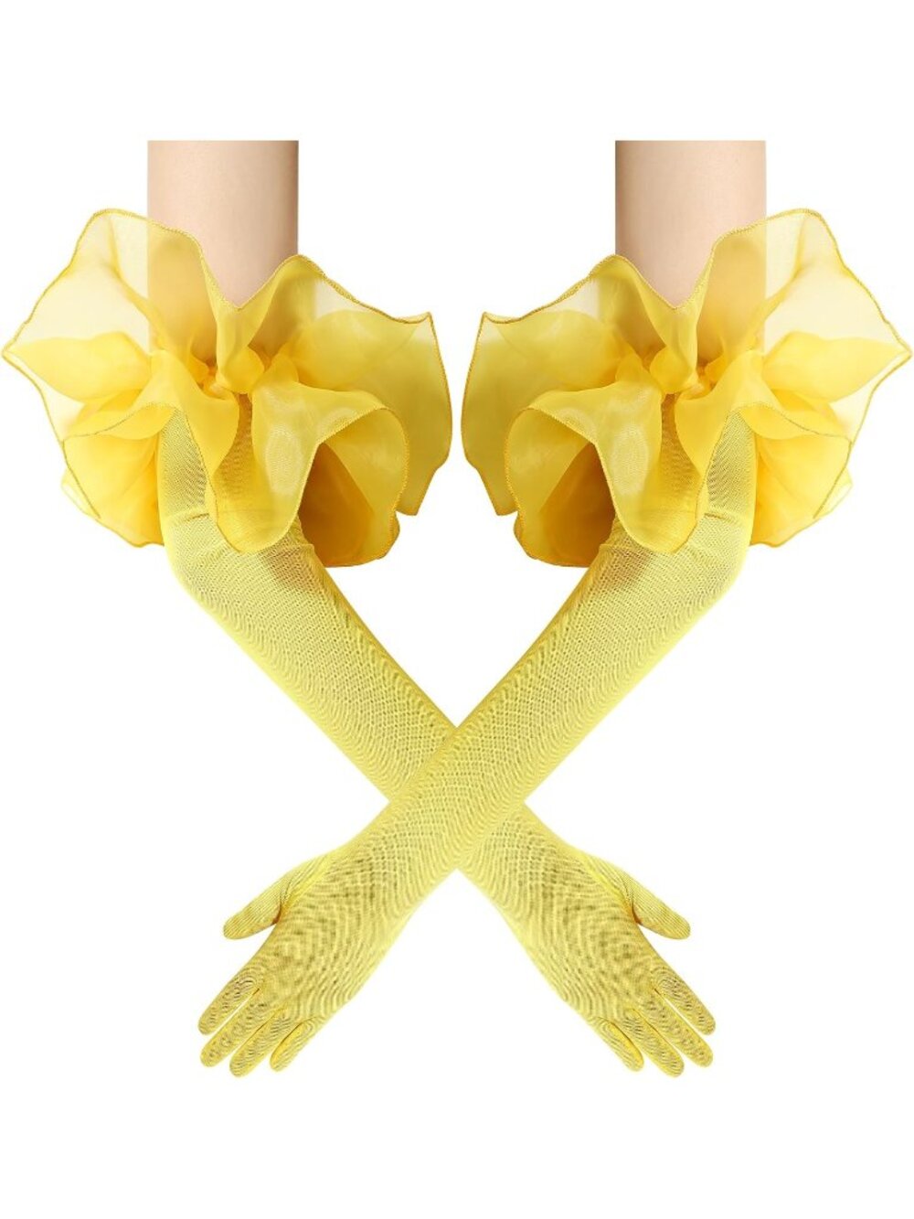 Women's Yellow Long Sleeve Oversize Ruffle Cuff Sheer Tulle Mesh Puff Gloves